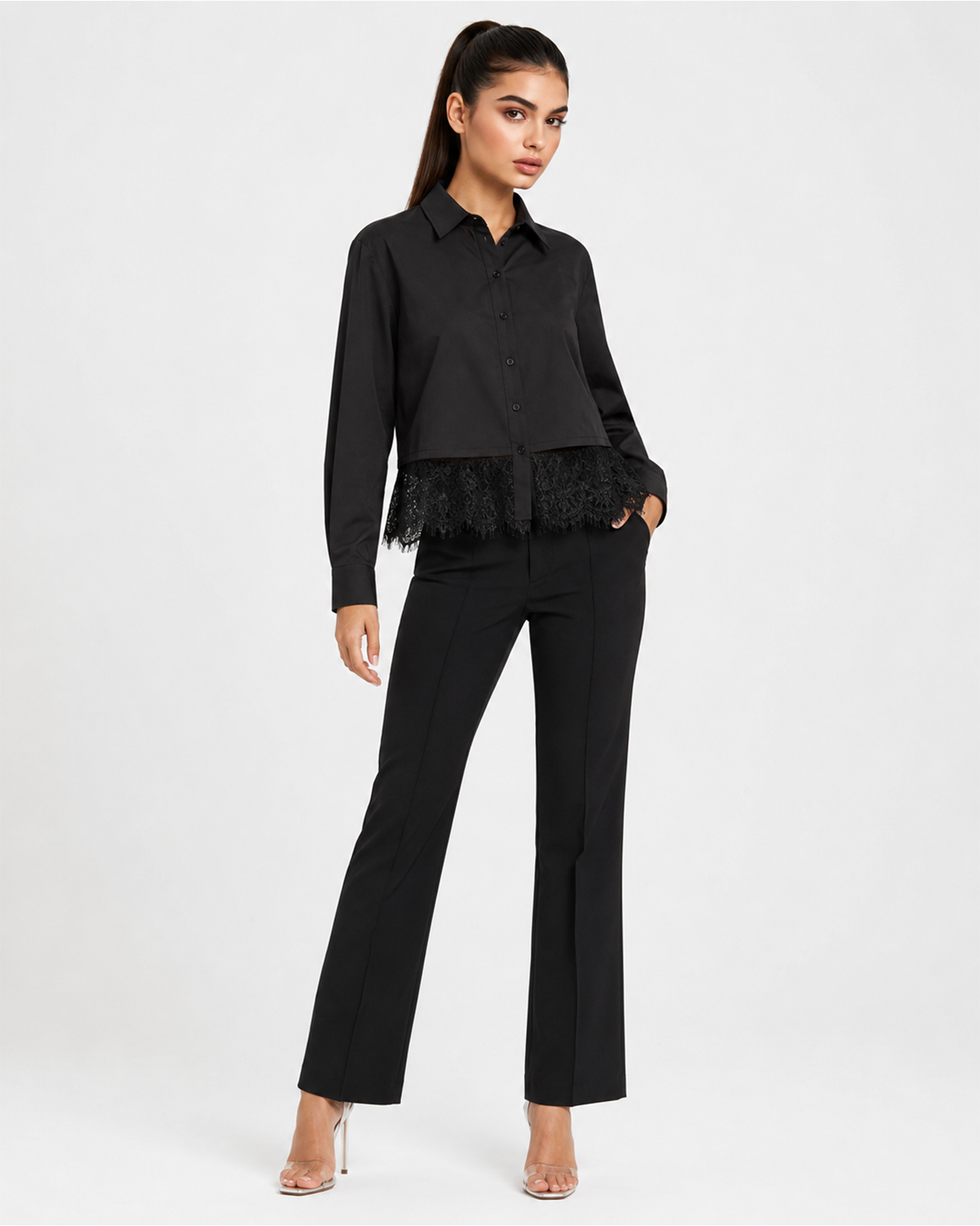 m-18 Signature Lace Crop Shirt Black - Image 1